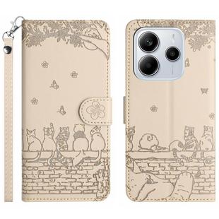For Redmi Note 14 4G 163.25mm Cat Embossing Pattern Leather Phone Case with Lanyard(Beige)