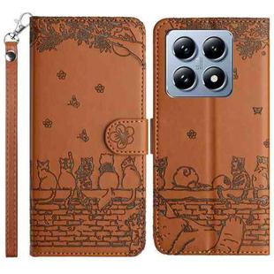 For Xiaomi 14T Cat Embossing Pattern Leather Phone Case with Lanyard(Brown)