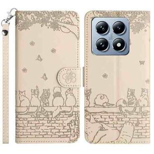 For Xiaomi 14T Cat Embossing Pattern Leather Phone Case with Lanyard(Beige)