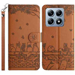 For Xiaomi 14T Pro Cat Embossing Pattern Leather Phone Case with Lanyard(Brown)