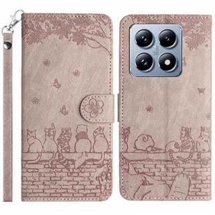 For Xiaomi 14T Pro Cat Embossing Pattern Leather Phone Case with Lanyard(Grey)