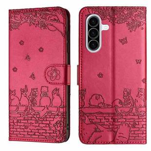 For Samsung Galaxy A36 5G Cat Embossing Pattern Leather Phone Case with Lanyard(Red)