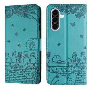 For Samsung Galaxy A36 5G Cat Embossing Pattern Leather Phone Case with Lanyard(Blue)
