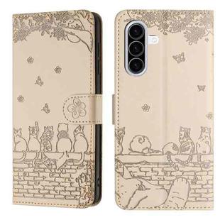 For Samsung Galaxy A36 5G Cat Embossing Pattern Leather Phone Case with Lanyard(Beige)