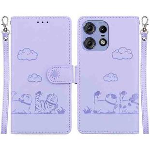 For Motorola Edge 50 Pro Cute Cats RFID Leather Phone Case(Purple)