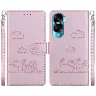 For Honor 90 Lite Cute Cats RFID Leather Phone Case(Rose Gold)