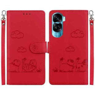 For Honor 90 Lite Cute Cats RFID Leather Phone Case(Red)