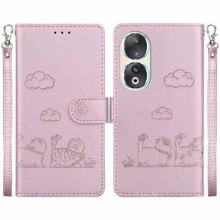 For Honor 90 Cute Cats RFID Leather Phone Case(Rose Gold)