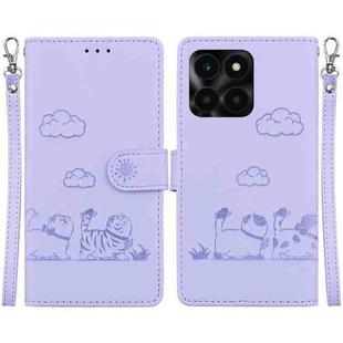 For Honor X6a Cute Cats RFID Leather Phone Case(Purple)