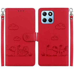 For Honor X8 5G Cute Cats RFID Leather Phone Case(Red)