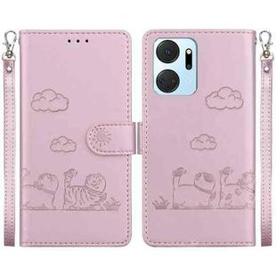 For Honor X7a Cute Cats RFID Leather Phone Case(Rose Gold)