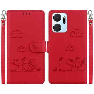 For Honor X7a Cute Cats RFID Leather Phone Case(Red)