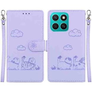 For Honor X8c 4G Cute Cats RFID Leather Phone Case(Purple)