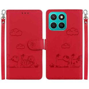 For Honor X8c 4G Cute Cats RFID Leather Phone Case(Red)