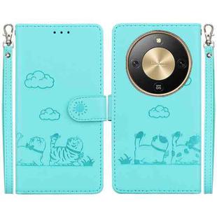 For Honor X70 5G Cute Cats RFID Leather Phone Case(Green)