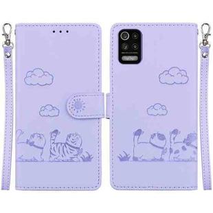 For LG K52 / K62 / Q52 Cute Cats RFID Leather Phone Case(Purple)