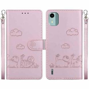 For Nokia C12 Cute Cats RFID Leather Phone Case(Rose Gold)