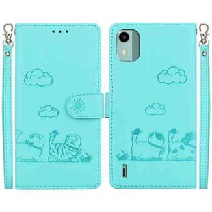 For Nokia C12 Cute Cats RFID Leather Phone Case(Green)