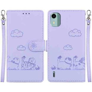 For Nokia C12 Cute Cats RFID Leather Phone Case(Purple)