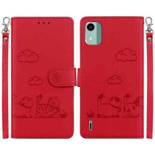 For Nokia C12 Cute Cats RFID Leather Phone Case(Red)