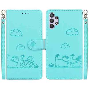 For Samsung Galaxy A32 5G Cute Cats RFID Leather Phone Case(Green)