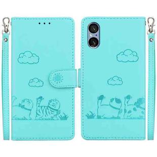 For Sony Xperia 5 V Cute Cats RFID Leather Phone Case(Green)