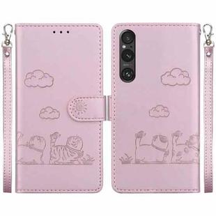 For Sony Xperia 1 V Cute Cats RFID Leather Phone Case(Rose Gold)