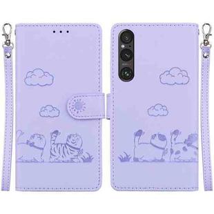 For Sony Xperia 1 V Cute Cats RFID Leather Phone Case(Purple)