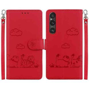 For Sony Xperia 1 V Cute Cats RFID Leather Phone Case(Red)