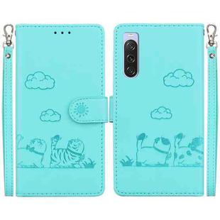 For Sony Xperia 10 V Cute Cats RFID Leather Phone Case(Green)