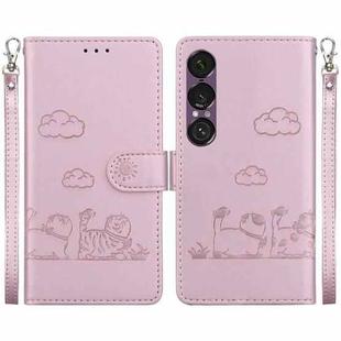For Sony Xperia 1 VII Cute Cats RFID Leather Phone Case(Rose Gold)