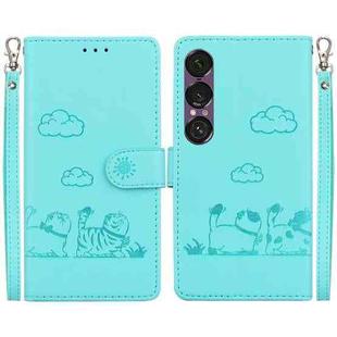 For Sony Xperia 1 VII Cute Cats RFID Leather Phone Case(Green)