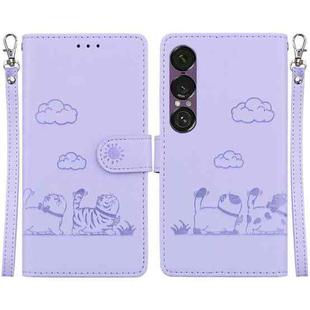 For Sony Xperia 1 VII Cute Cats RFID Leather Phone Case(Purple)
