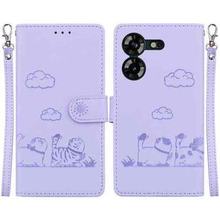 For Tecno Pova 5 Cute Cats RFID Leather Phone Case(Purple)