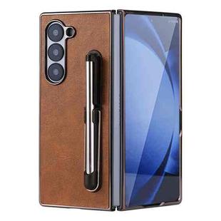 For Samsung Galaxy Z Fold6 Plating Frame PU Fold Phone Case with Pen(Coffee)