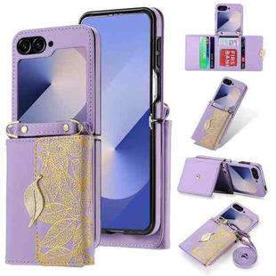 For Samsung Galaxy Z Flip6 POLA Multi-Card Slots Leaf Pattern Phone Case(Purple)