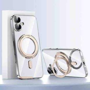 For iPhone 16 Plus Plating PC 360 Ring Holder Magsafe Phone Case(Clear Gold)