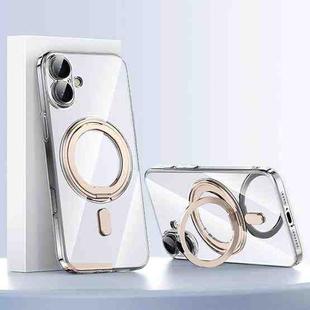 For iPhone 16 Plating PC 360 Ring Holder Magsafe Phone Case(Clear Gold)