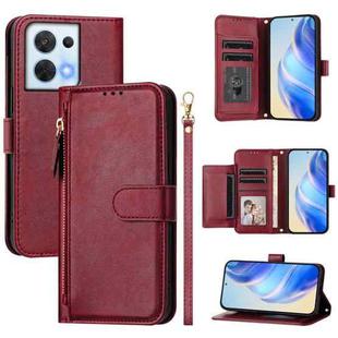 For OPPO Reno8 5G Multi-Card Slots Zipper Wallet Leather Phone Case(Dark Red)