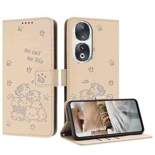 For Honor 90 Embossed Kitten Phone Leather Case with Lanyard(Beige)