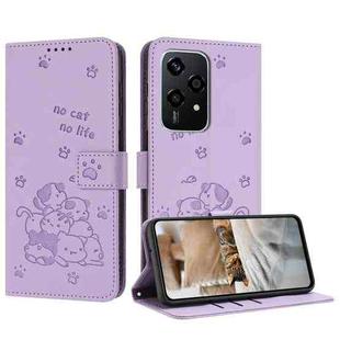 For Honor 200 Lite 5G Global Embossed Kitten Phone Leather Case with Lanyard(Purple)