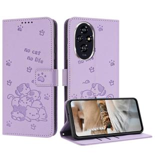 For Honor 200 Pro 5G Embossed Kitten Phone Leather Case with Lanyard(Purple)
