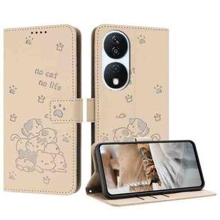 For Honor X7b 4G / 5G Embossed Kitten Phone Leather Case with Lanyard(Beige)