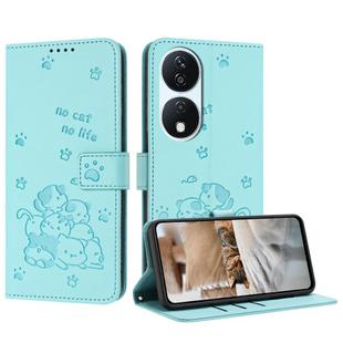 For Honor X7b 4G / 5G Embossed Kitten Phone Leather Case with Lanyard(Mint Green)