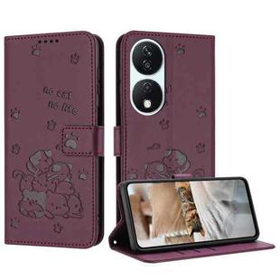 For Honor X7b 4G / 5G Embossed Kitten Phone Leather Case with Lanyard(Wine Red)