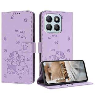 For Honor X8b Embossed Kitten Phone Leather Case with Lanyard(Purple)