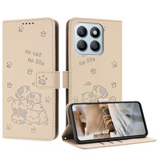 For Honor X8b Embossed Kitten Phone Leather Case with Lanyard(Beige)