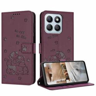 For Honor X8b Embossed Kitten Phone Leather Case with Lanyard(Wine Red)