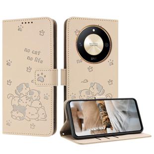 For Honor X50 / X9b Embossed Kitten Phone Leather Case with Lanyard(Beige)