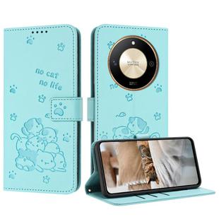 For Honor X50 / X9b Embossed Kitten Phone Leather Case with Lanyard(Mint Green)